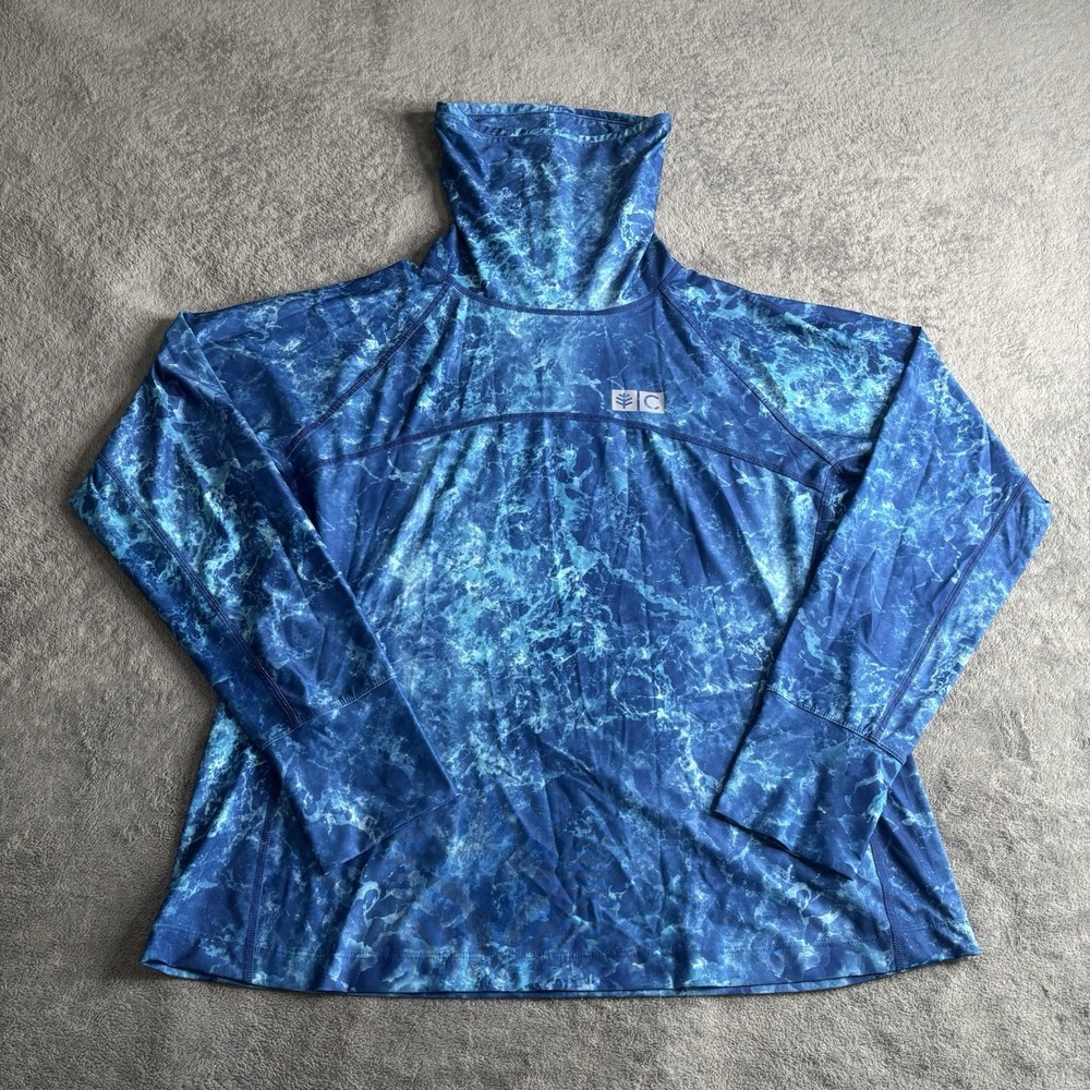 Coolibar UPF 50+ Paros Sailing Tee Women Large Blue Sun Shirt Face Mask Gaiter
